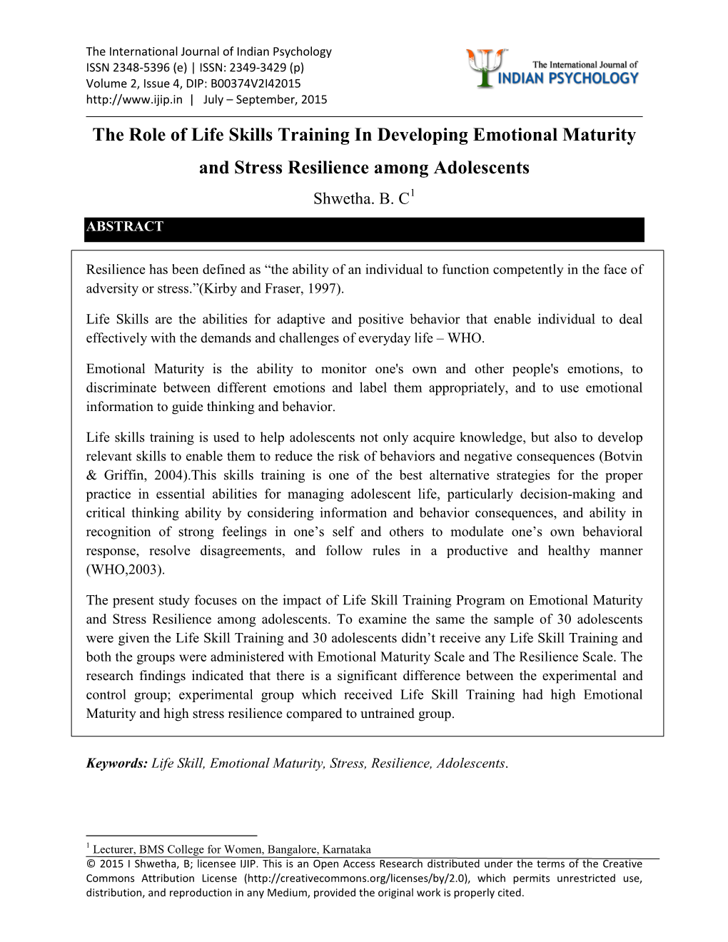 The Role of Life Skills Training in Developing Emotional Maturity and Stress Resilience Among Adolescents Shwetha