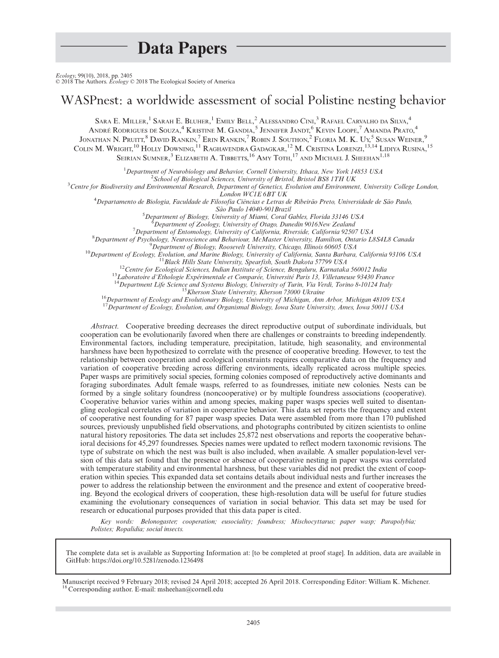 Waspnest: a Worldwide Assessment of Social Polistine Nesting Behavior