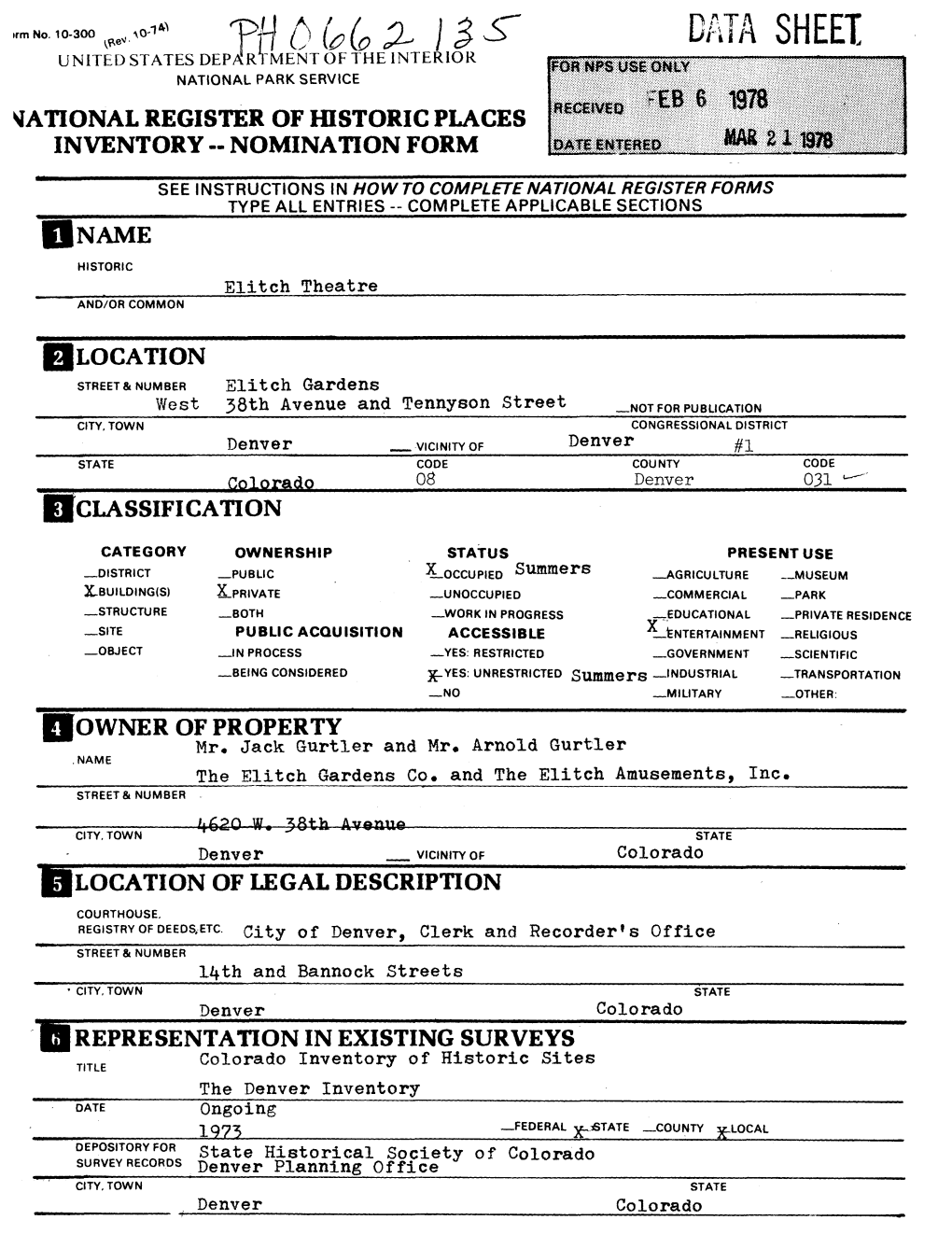 DATA SHEET UNITED STATES DEP^Rtment of the INTERIOR NATIONAL PARK SERVICE NATIONAL REGISTER of HISTORIC PLACES INVENTORY - NOMINATION FORM