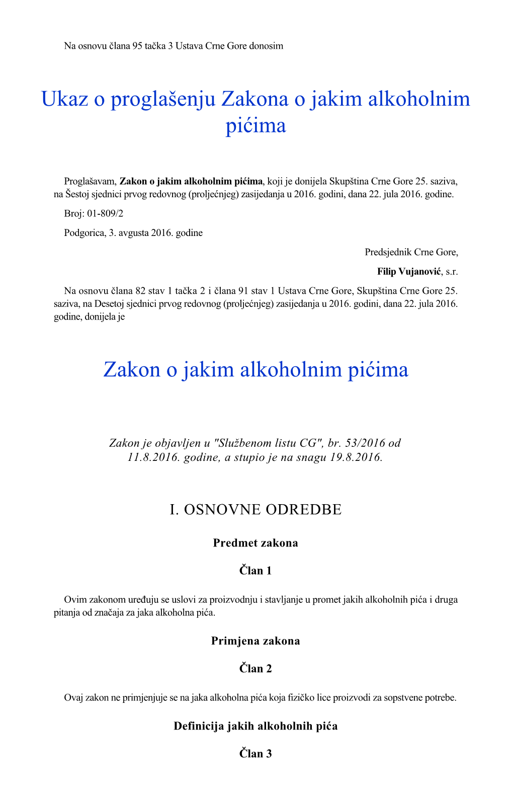 Ukaz O Proglašenju Zakona O Jakim Alkoholnim Pićima Zakon O