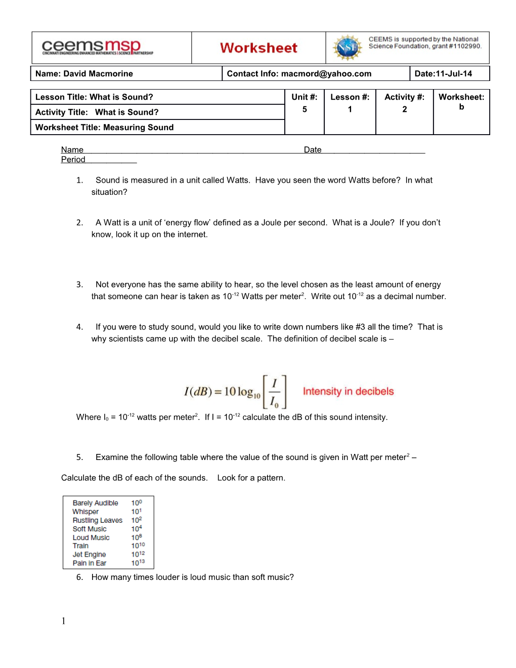 1. Sound Is Measured in a Unit Called Watts. Have You Seen the Word Watts Before? in What