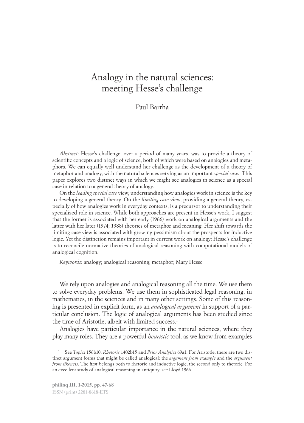 Analogy in the Natural Sciences: Meeting Hesse's Challenge