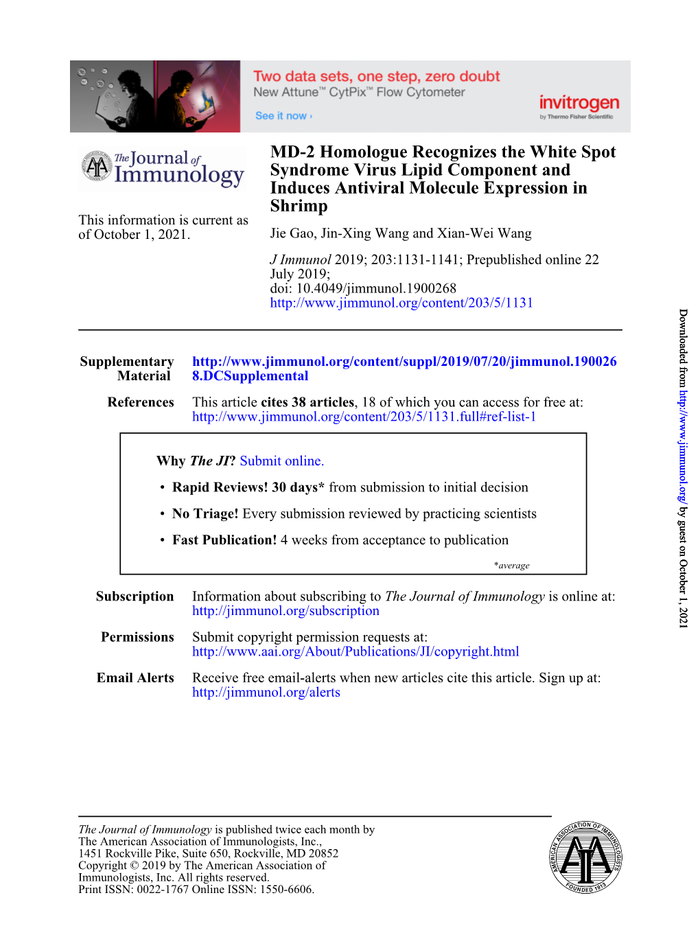 MD-2 Homologue Recognizes the White Spot Syndrome Virus Lipid Component and Induces Antiviral Molecule Expression in Shrimp