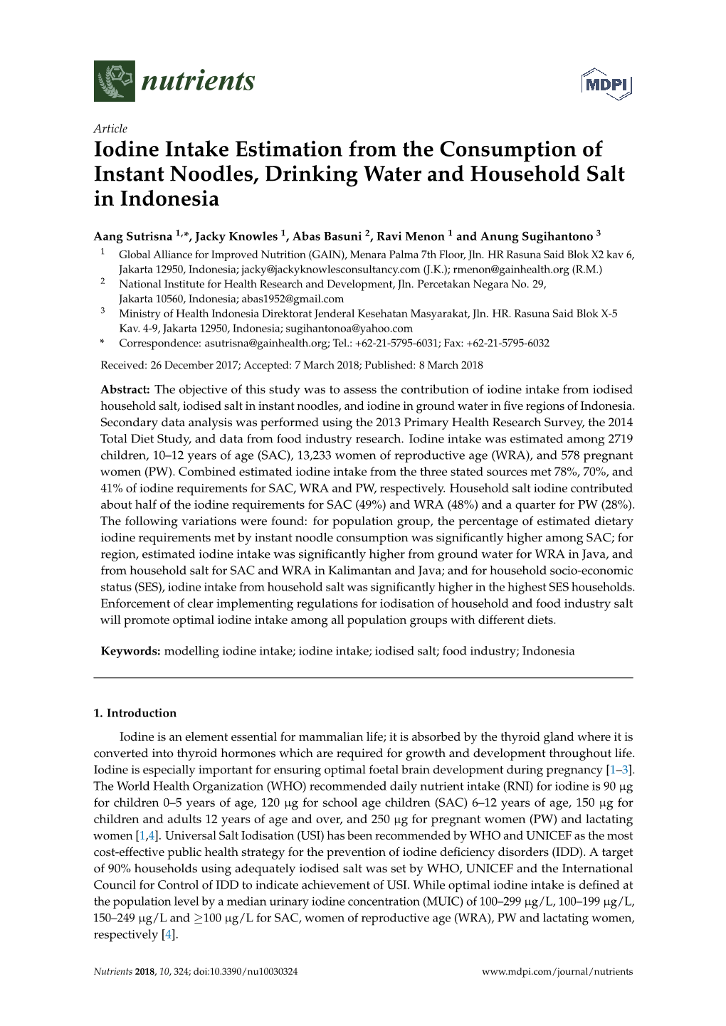 Iodine Intake Estimation from the Consumption of Instant Noodles, Drinking Water and Household Salt in Indonesia