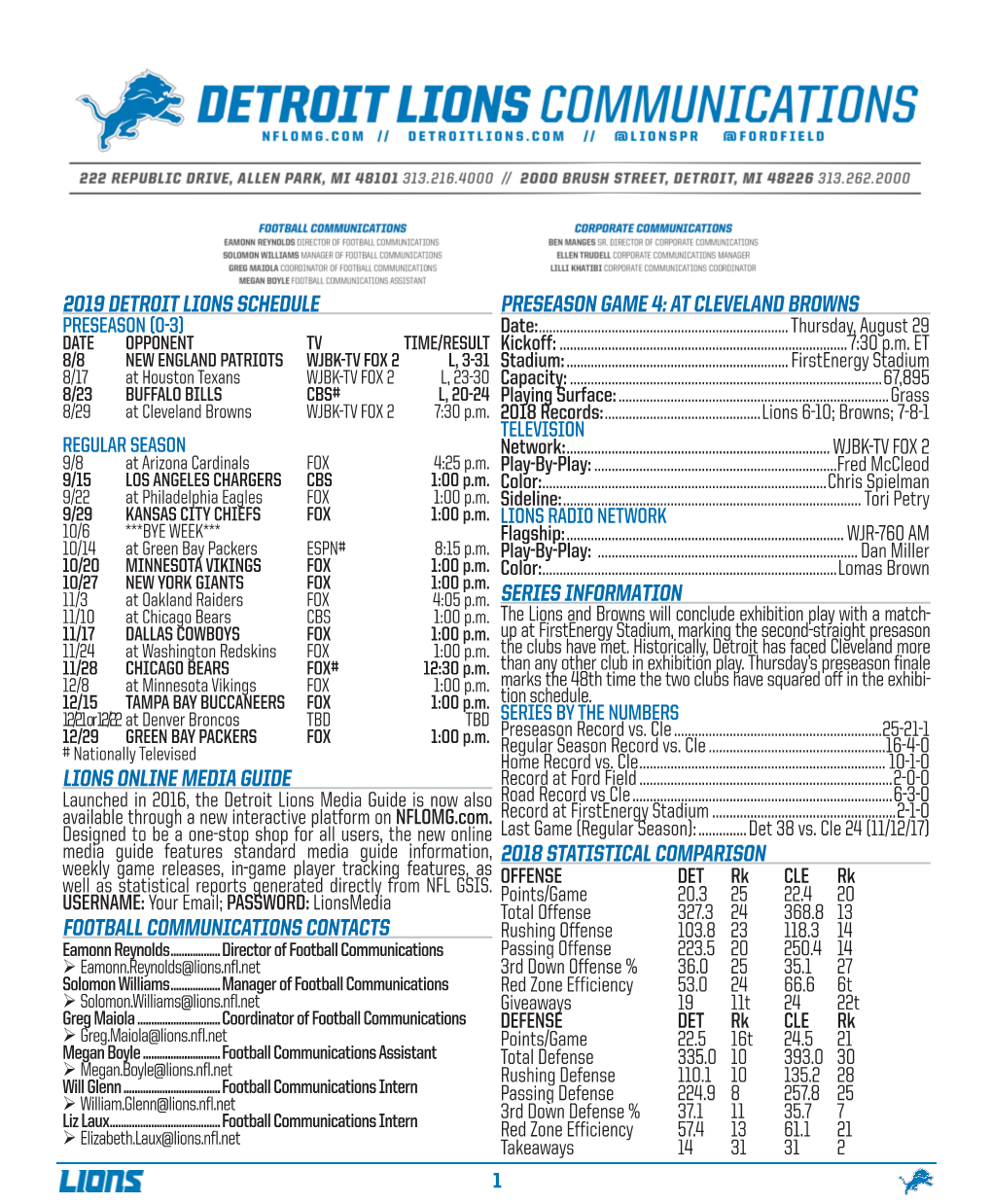 2019 Detroit Lions Schedule Lions Online Media Guide