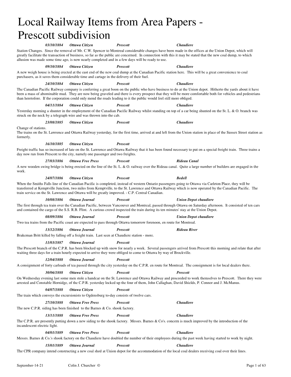 Local Railway Items from Area Papers - Prescott Subdivision 03/10/1884 Ottawa Citizen Prescott Chaudiere Station Changes