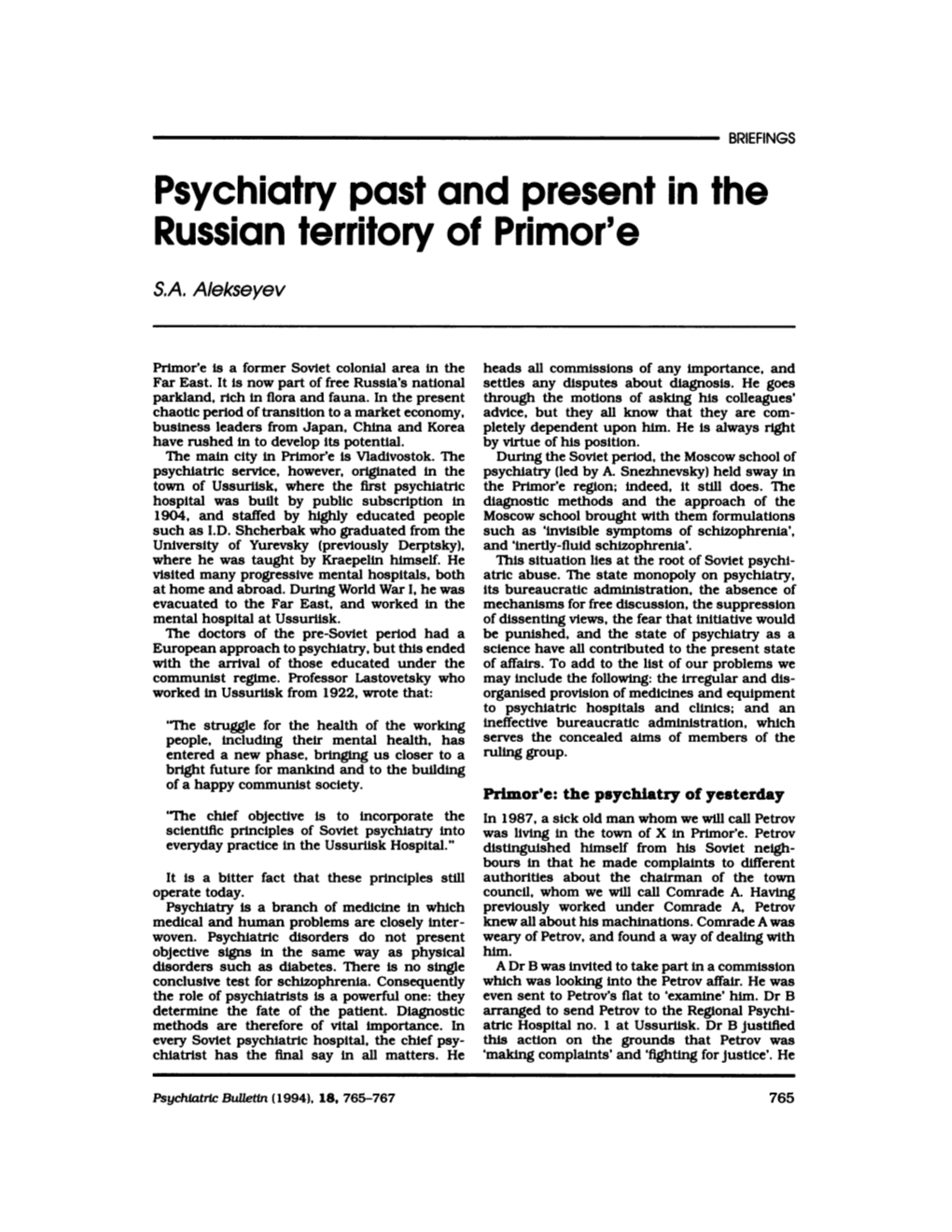 Psychiatry Past and Present in the Russianterritory of Primor'e