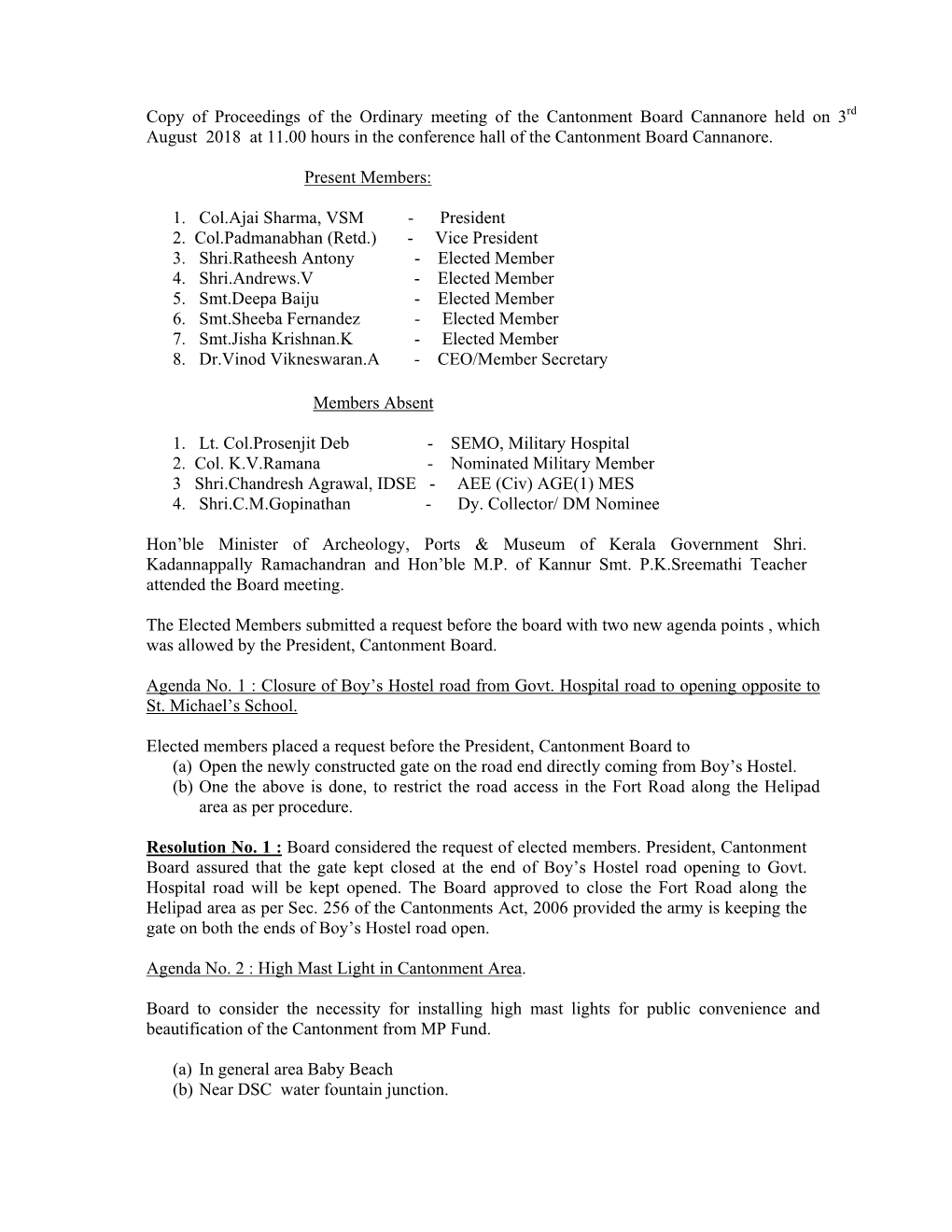 Copy of Proceedings of the Ordinary Meeting of the Cantonment Board