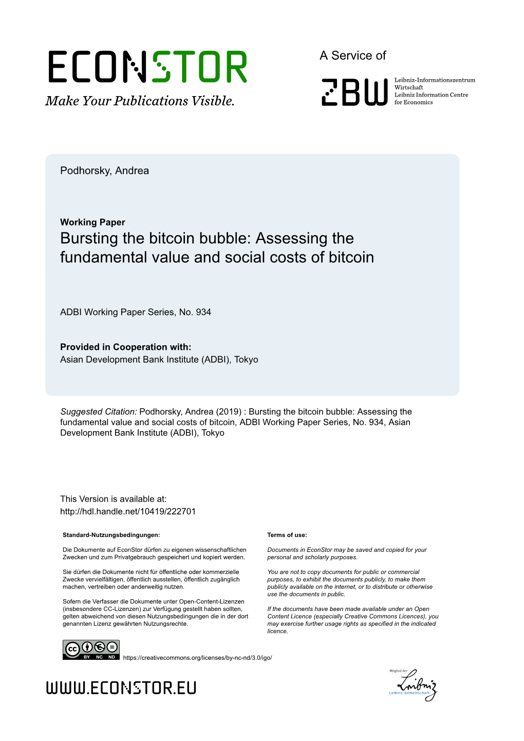 Bursting the Bitcoin Bubble: Assessing the Fundamental Value and Social Costs of Bitcoin