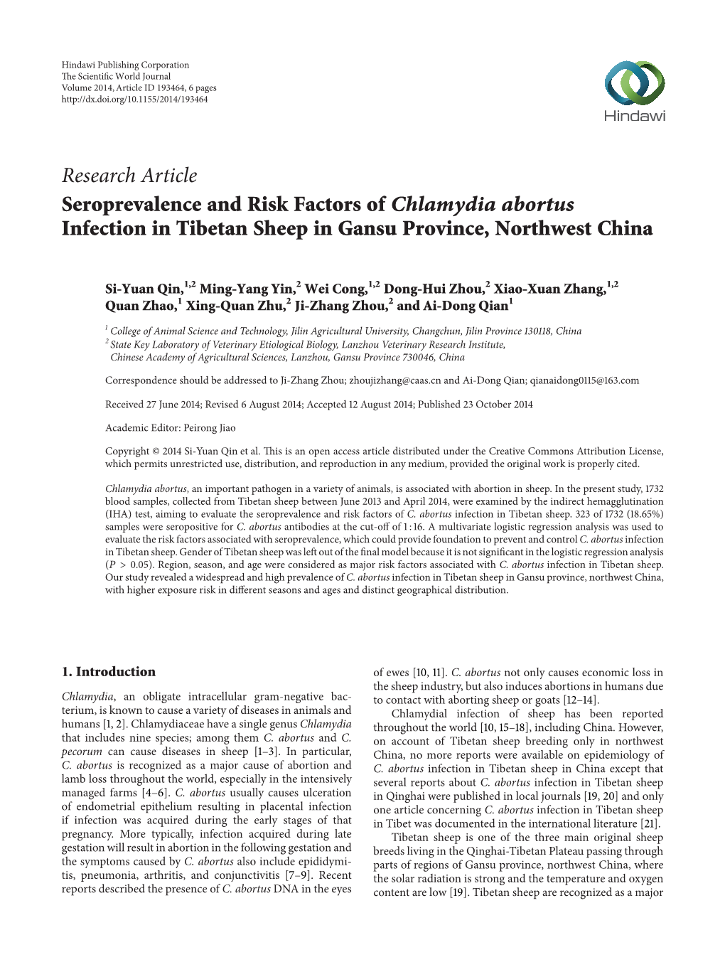 Seroprevalence and Risk Factors of Chlamydia Abortus Infection in Tibetan Sheep in Gansu Province, Northwest China