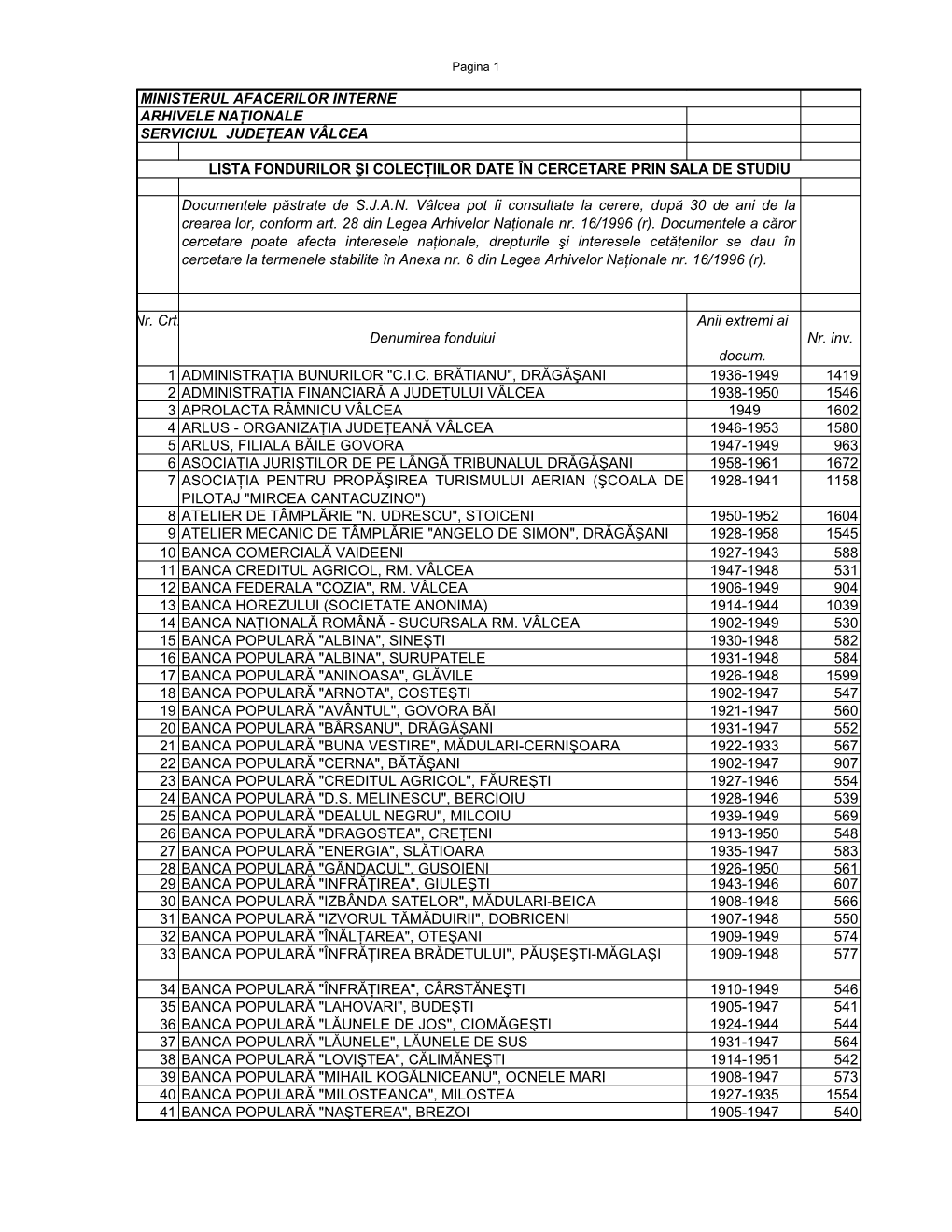 Lista Fondurilor Şi Colecţiilor Date În Cercetare Prin Sala De Studiu