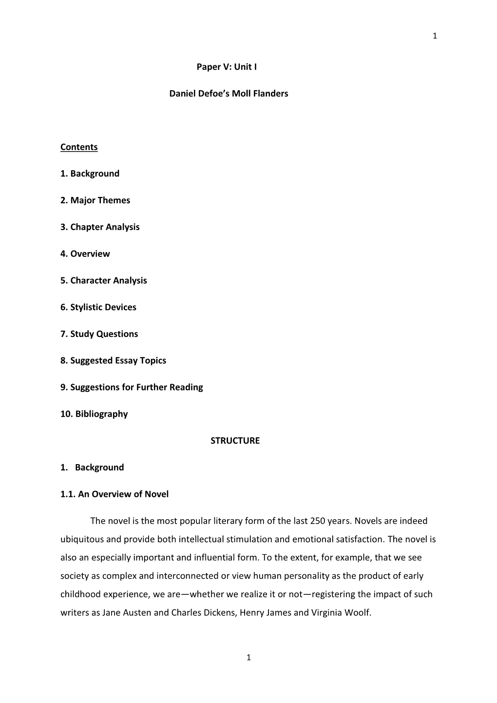 Paper V: Unit I Daniel Defoe's Moll Flanders Contents 1. Background 2. Major Themes 3. Chapter Analysis 4. Overview 5. Chara