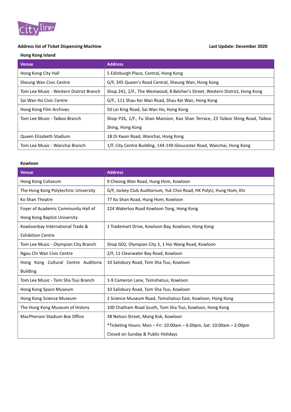 Address List of Ticket Dispensing Machine Last Update: December 2020 Hong Kong Island Venue Address Hong Kong City Hall 5 Edinbu