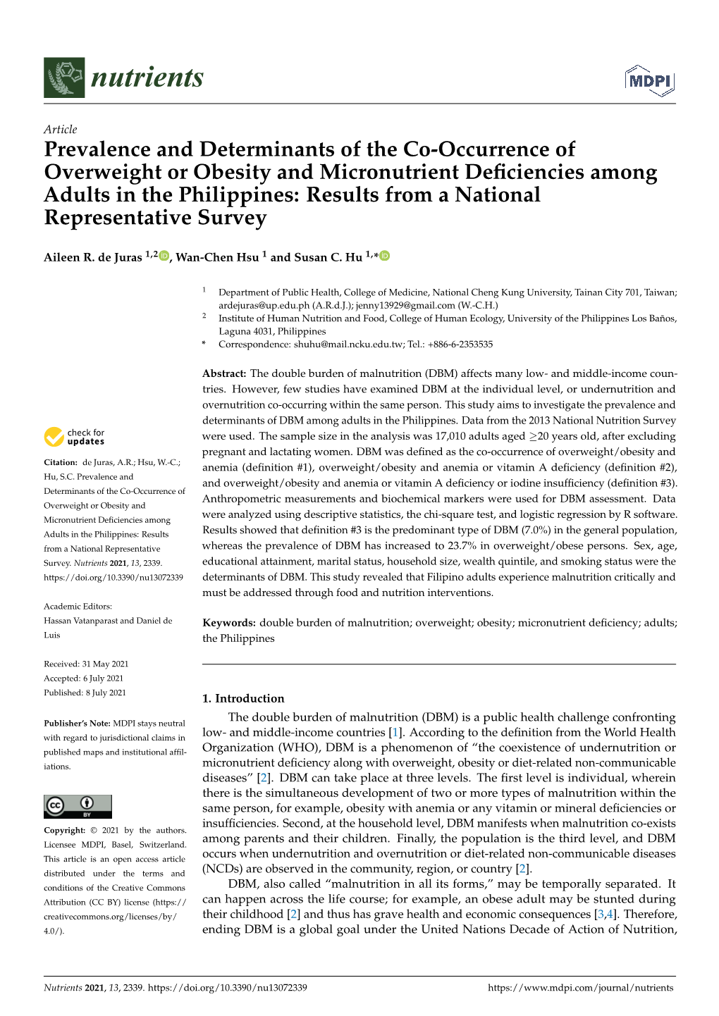 Prevalence and Determinants of the Co-Occurrence of Overweight Or Obesity and Micronutrient Deficiencies Among Adults in The
