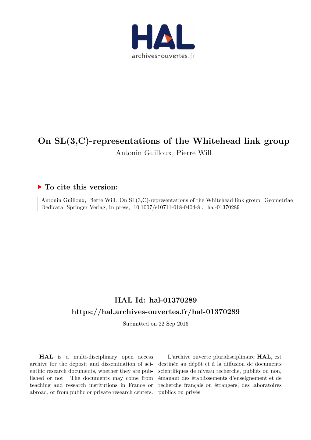 Representations of the Whitehead Link Group Antonin Guilloux, Pierre Will