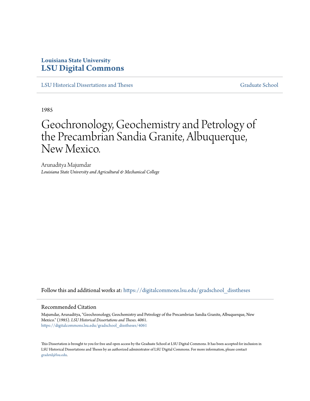 Geochronology, Geochemistry and Petrology of the Precambrian Sandia Granite, Albuquerque, New Mexico