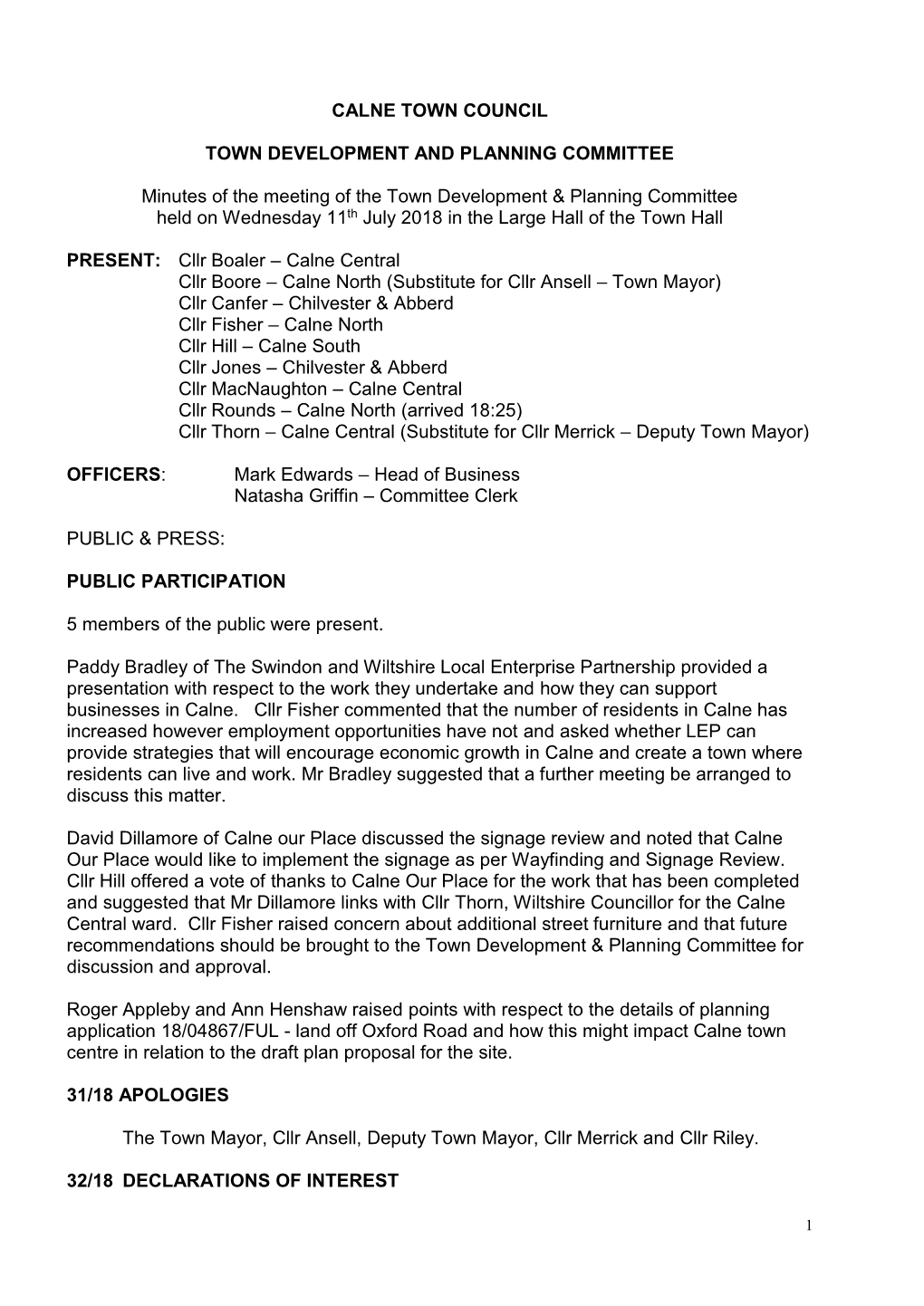 Calne Town Council Town Development and Planning