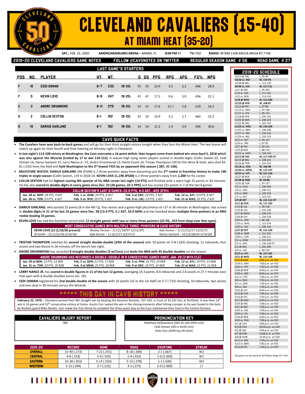 2019-20 Cleveland Cavaliers Game Notes Follow @Cavsnotes on Twitter Regular Season Game # 56 Road Game # 27