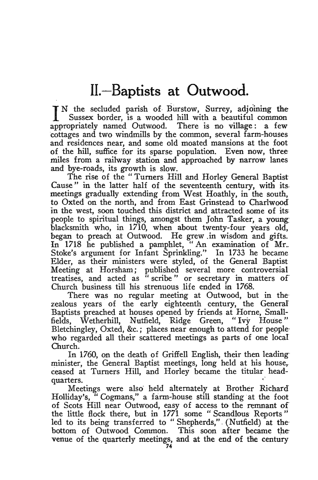 General Baptists in Surrey and Sussex. II. Baptists at Outwood