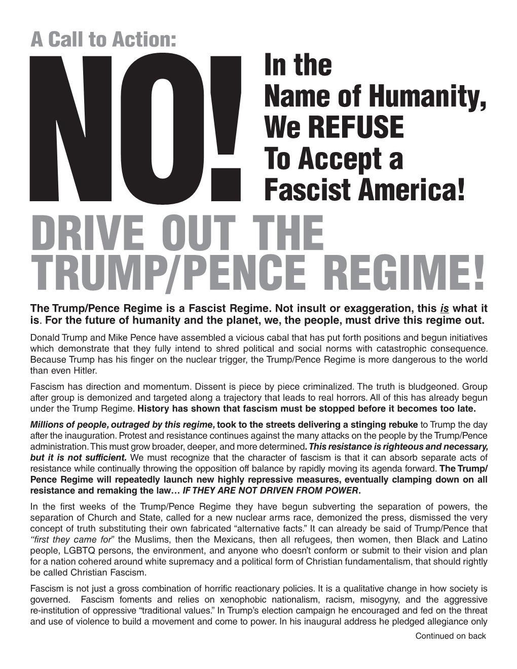 DRIVE out the TRUMP/PENCE REGIME! the Trump/Pence Regime Is a Fascist Regime