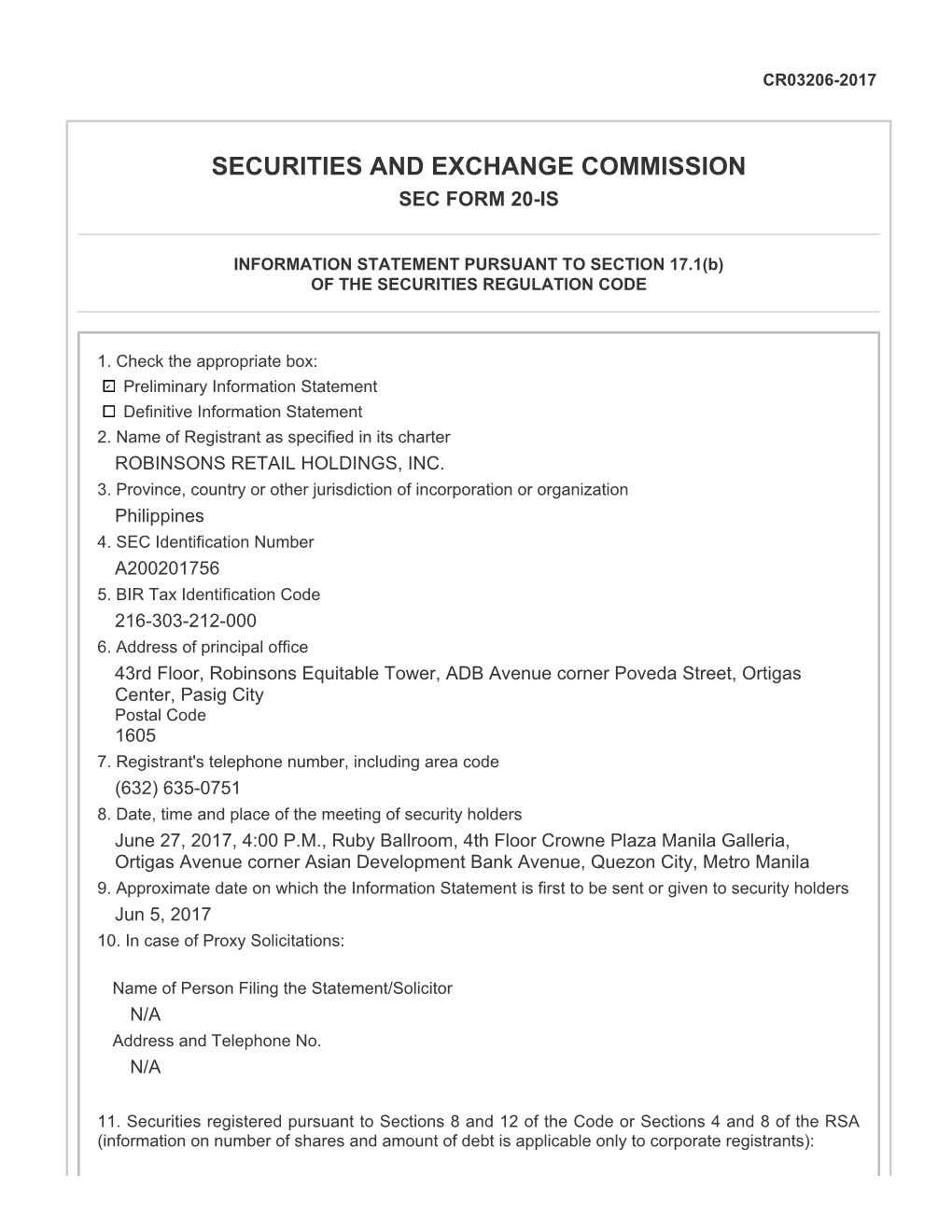 Securities and Exchange Commission Sec Form 20-Is