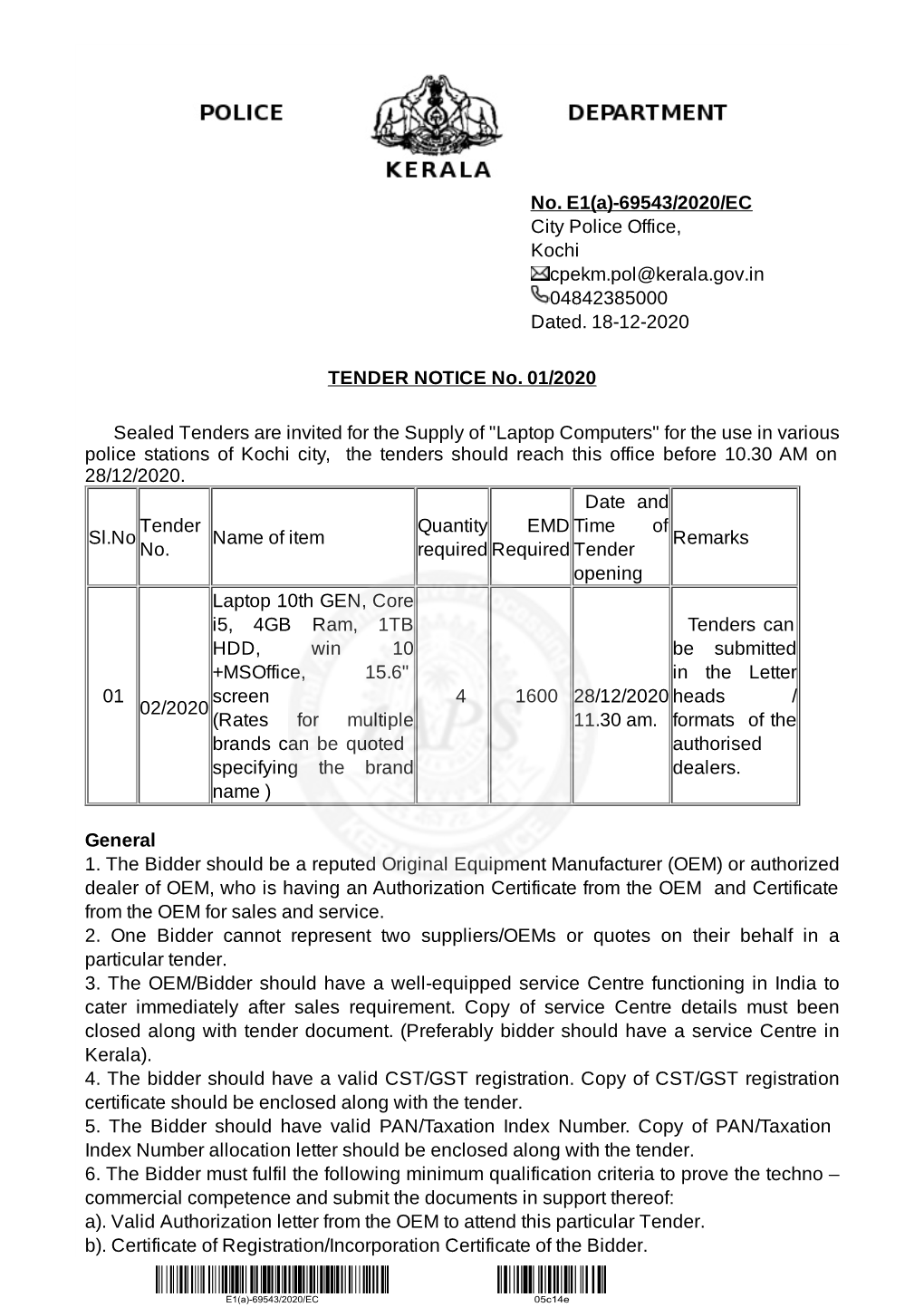 69543/2020/EC City Police Office, Kochi Cpekm.Pol@Kerala.Gov.In 04842385000 Dated