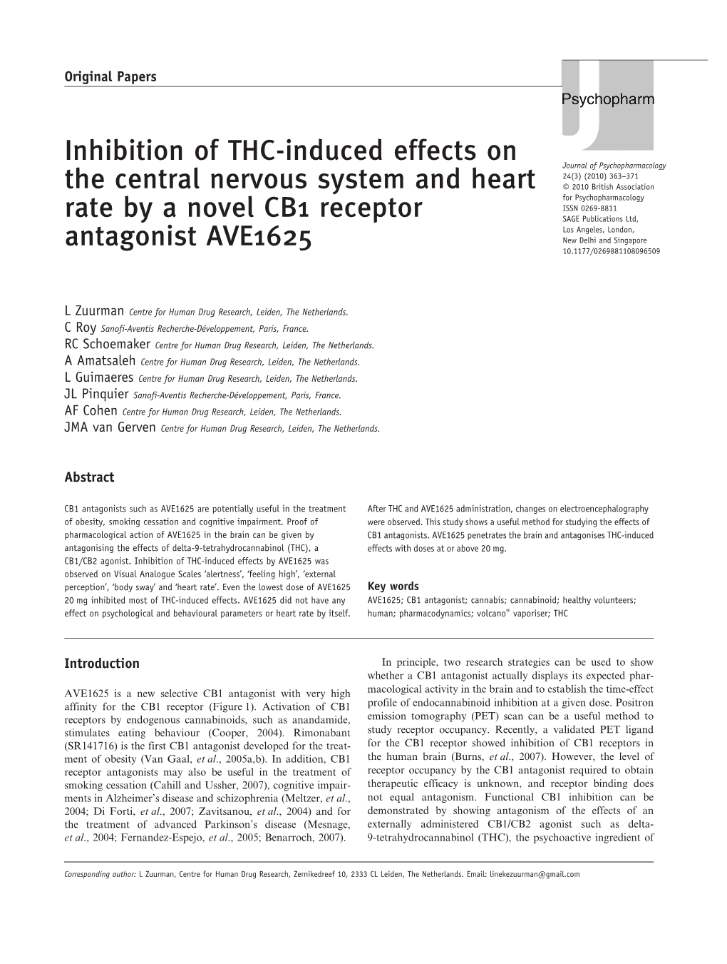 Inhibition of THC-Induced Effects on the Central Nervous System And