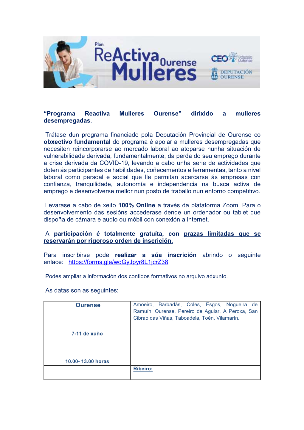 Programa Reactiva Mulleres Ourense” Dirixido a Mulleres Desempregadas