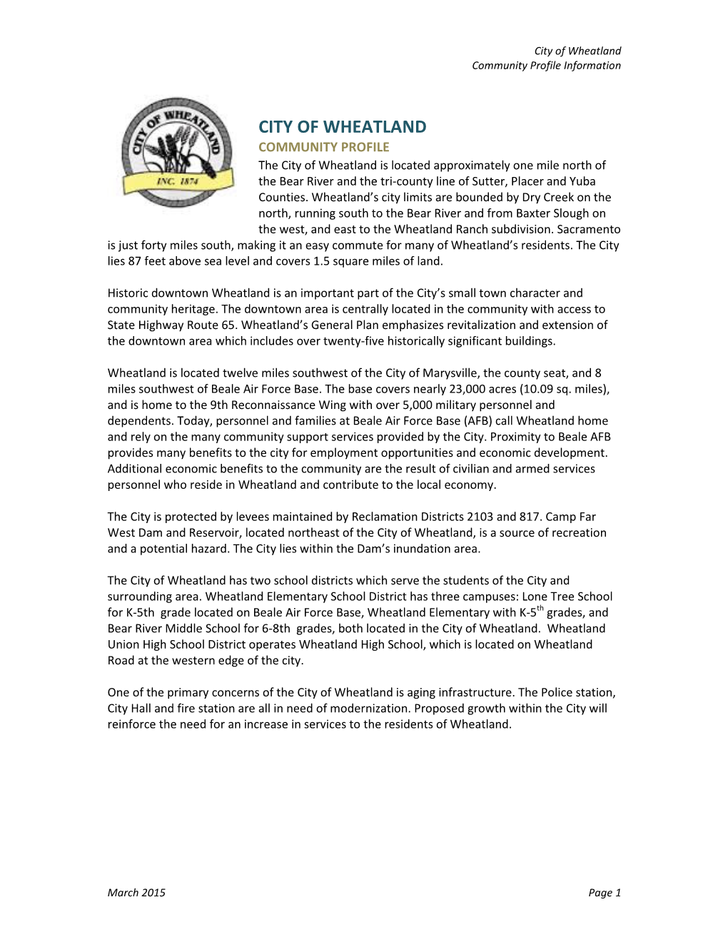 Wheatland Community Profile Information