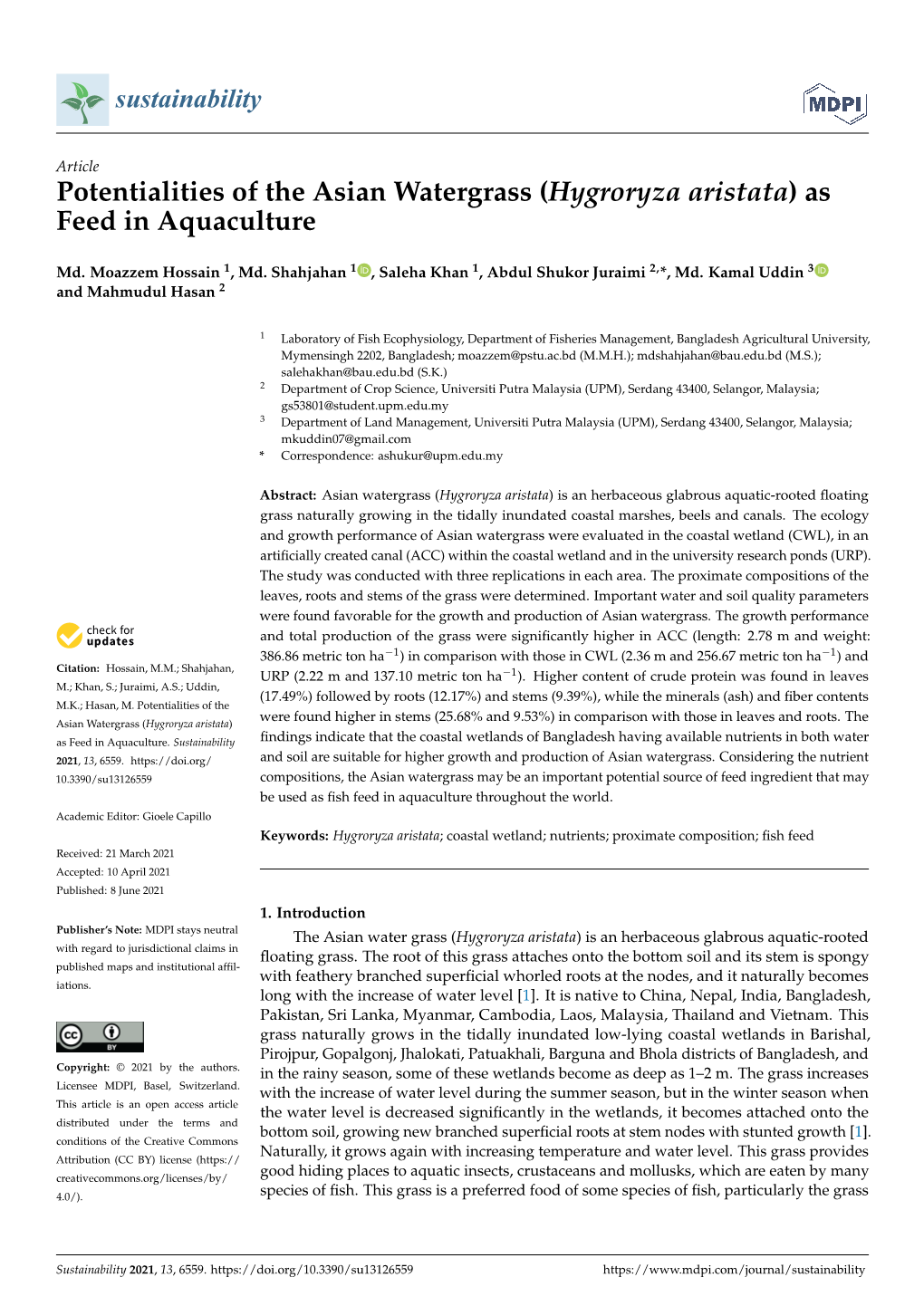 Hygroryza Aristata) As Feed in Aquaculture