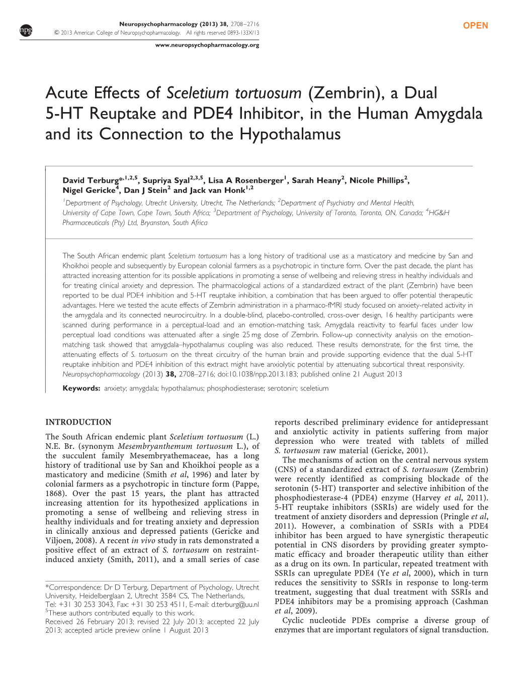 Zembrin), a Dual 5-HT Reuptake and PDE4 Inhibitor, in the Human Amygdala and Its Connection to the Hypothalamus