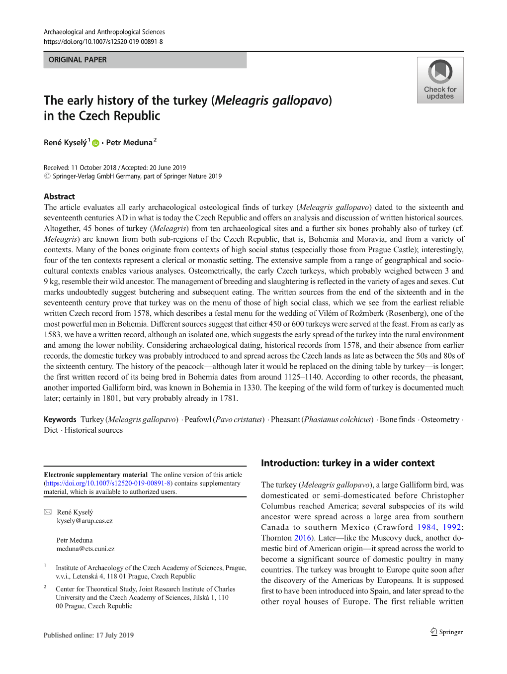 The Early History of the Turkey (Meleagris Gallopavo) in the Czech Republic