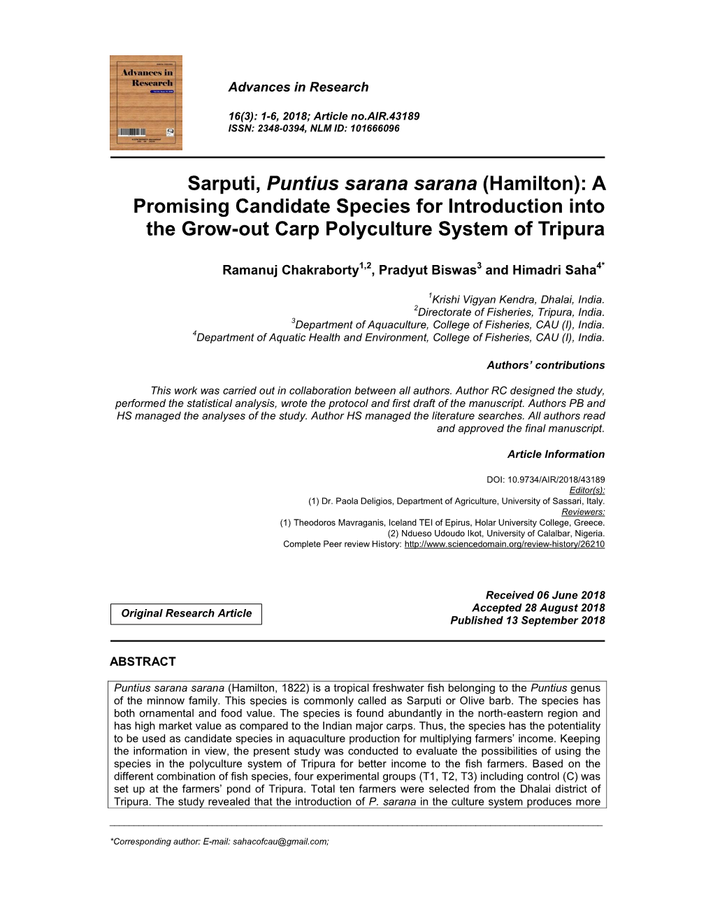Sarputi, Puntius Sarana Sarana (Hamilton): a Promising Candidate Species for Introduction Into the Grow-Out Carp Polyculture System of Tripura