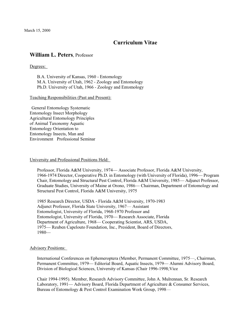 Curriculum Vitae William L. Peters, Professor