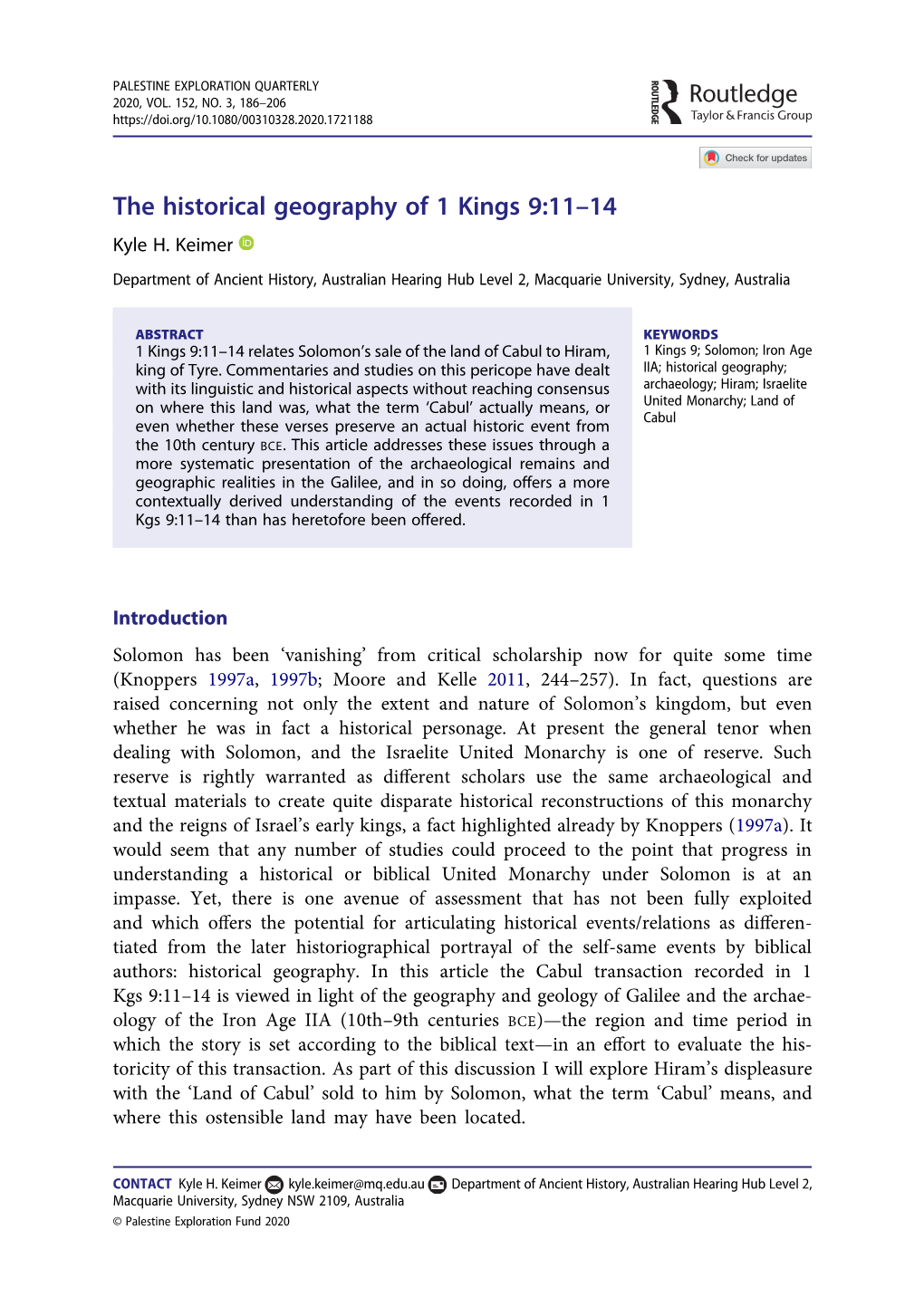 The Historical Geography of 1 Kings 9:11–14 Kyle H