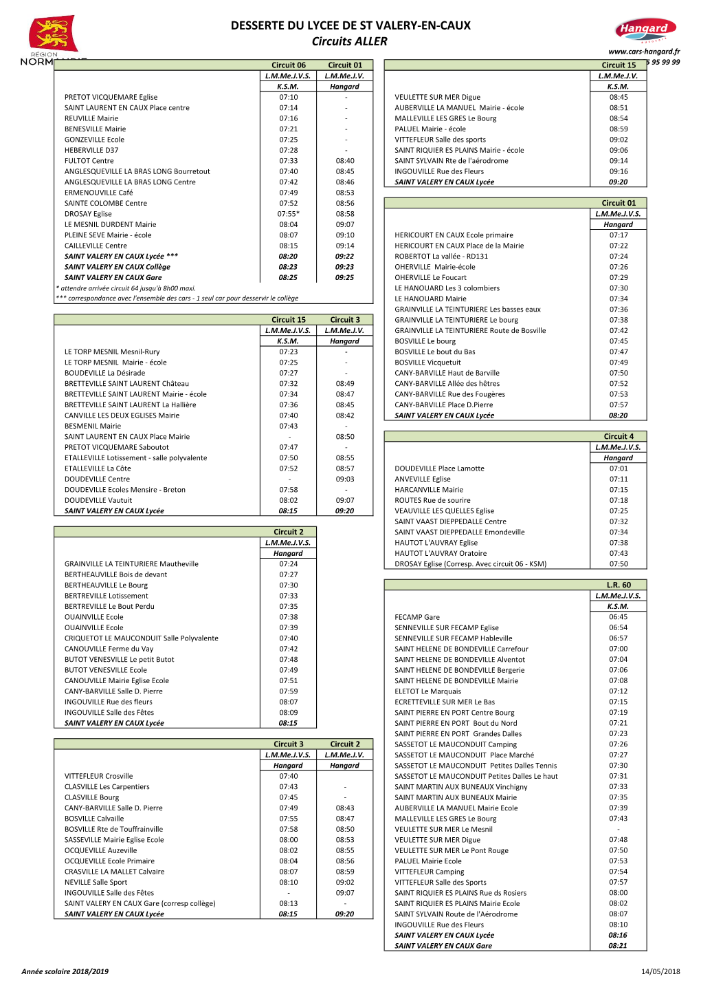 DESSERTE DU LYCEE DE ST VALERY-EN-CAUX Circuits ALLER Circuit 06 Circuit 01 Circuittel 15: 02 35 95 99 99 L.M.Me.J.V.S