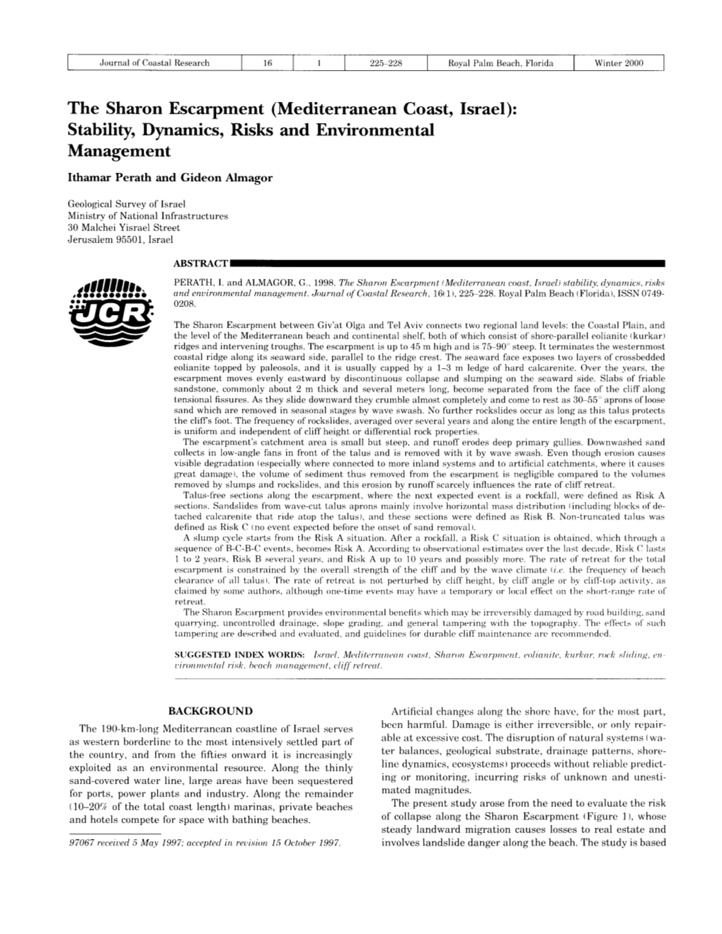 The Sharon Escarpment (Mediterranean Coast, Israel): Stability, Dynamics, Risks and Environmental Management