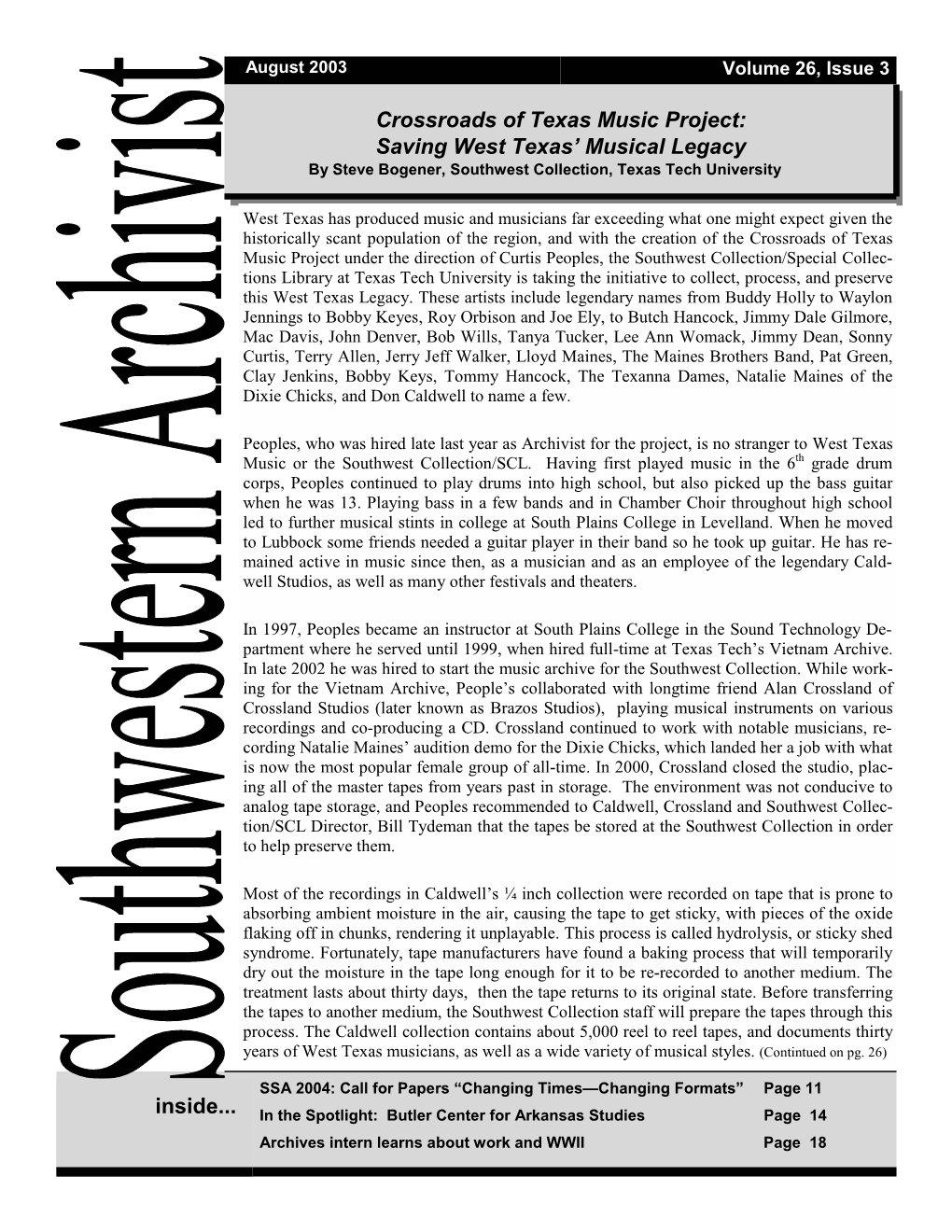 August 2003 Volume 26, Issue 3