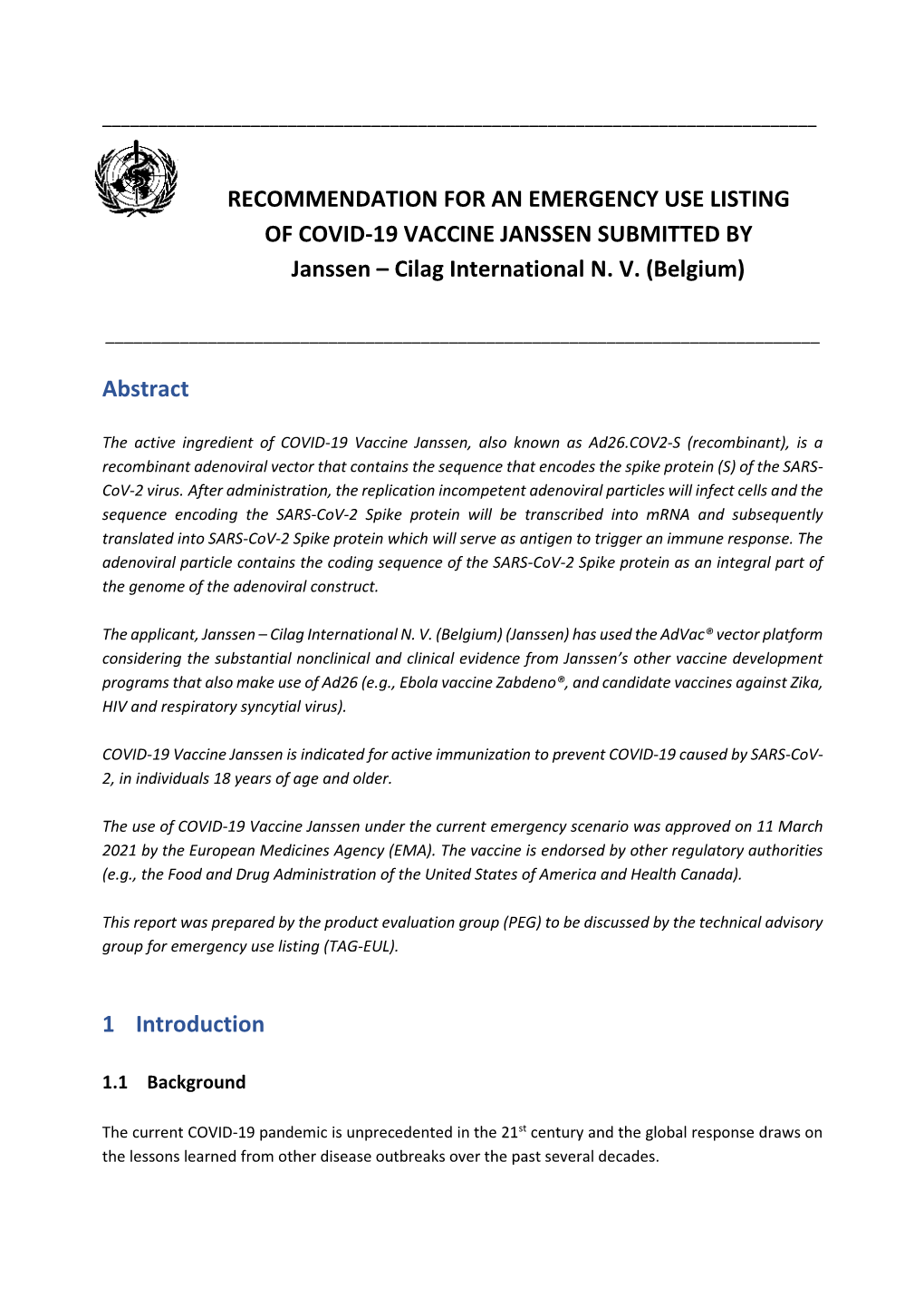 COVID-19 Vaccine Submitted by Janssen – Cilag International