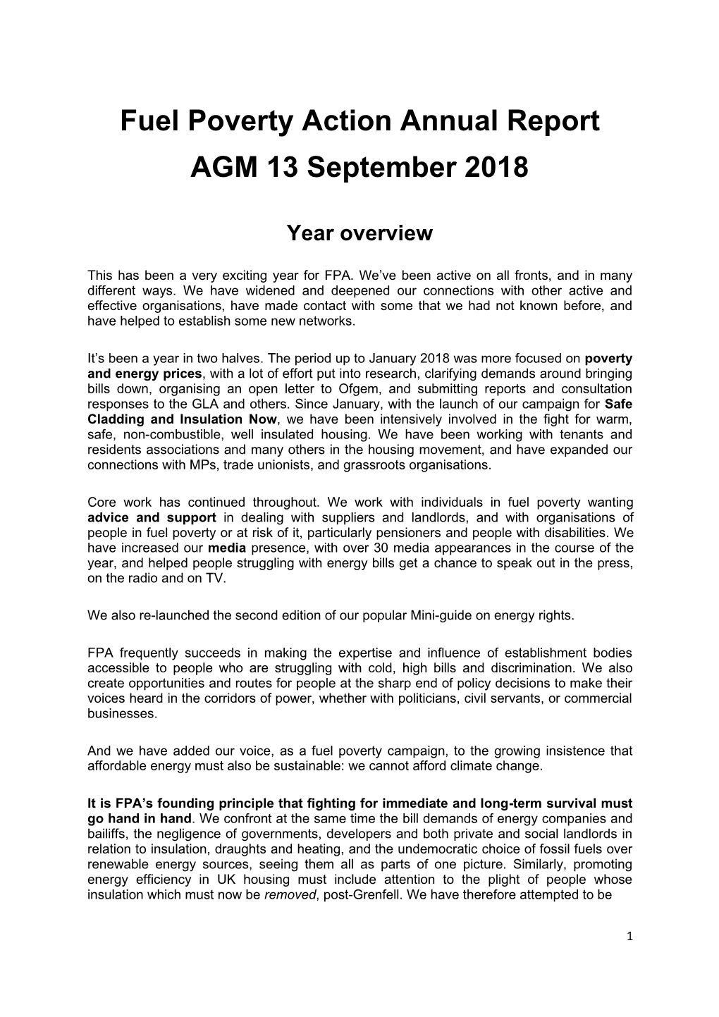 Fuel Poverty Action Annual Report AGM 13 September 2018