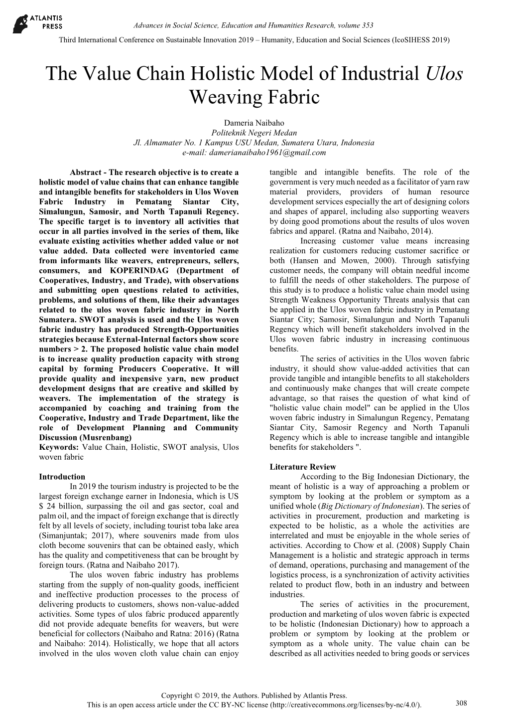 The Value Chain Holistic Model of Industrial Ulos Weaving Fabric