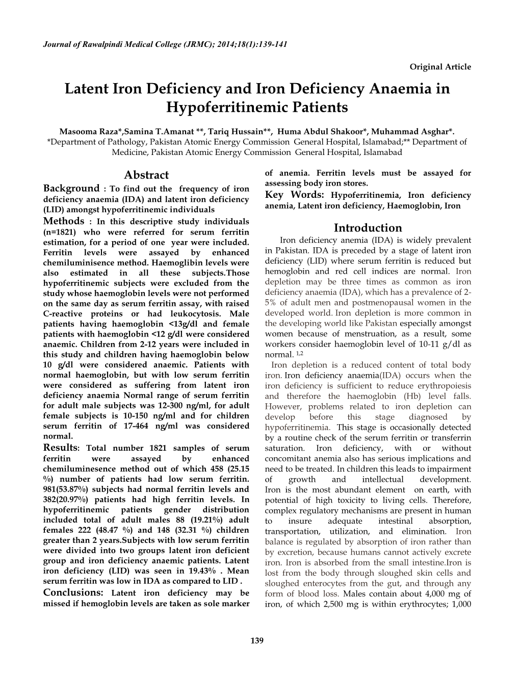 Latent Iron Deficiency and Iron Deficiency Anaemia in Hypoferritinemic Patients