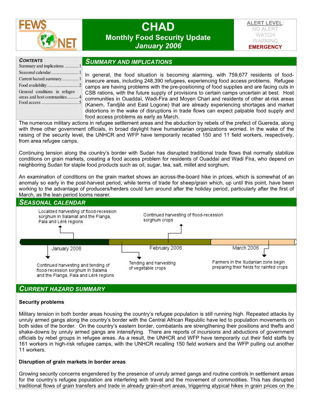 Chad Monthly Food Security Update, January 2006