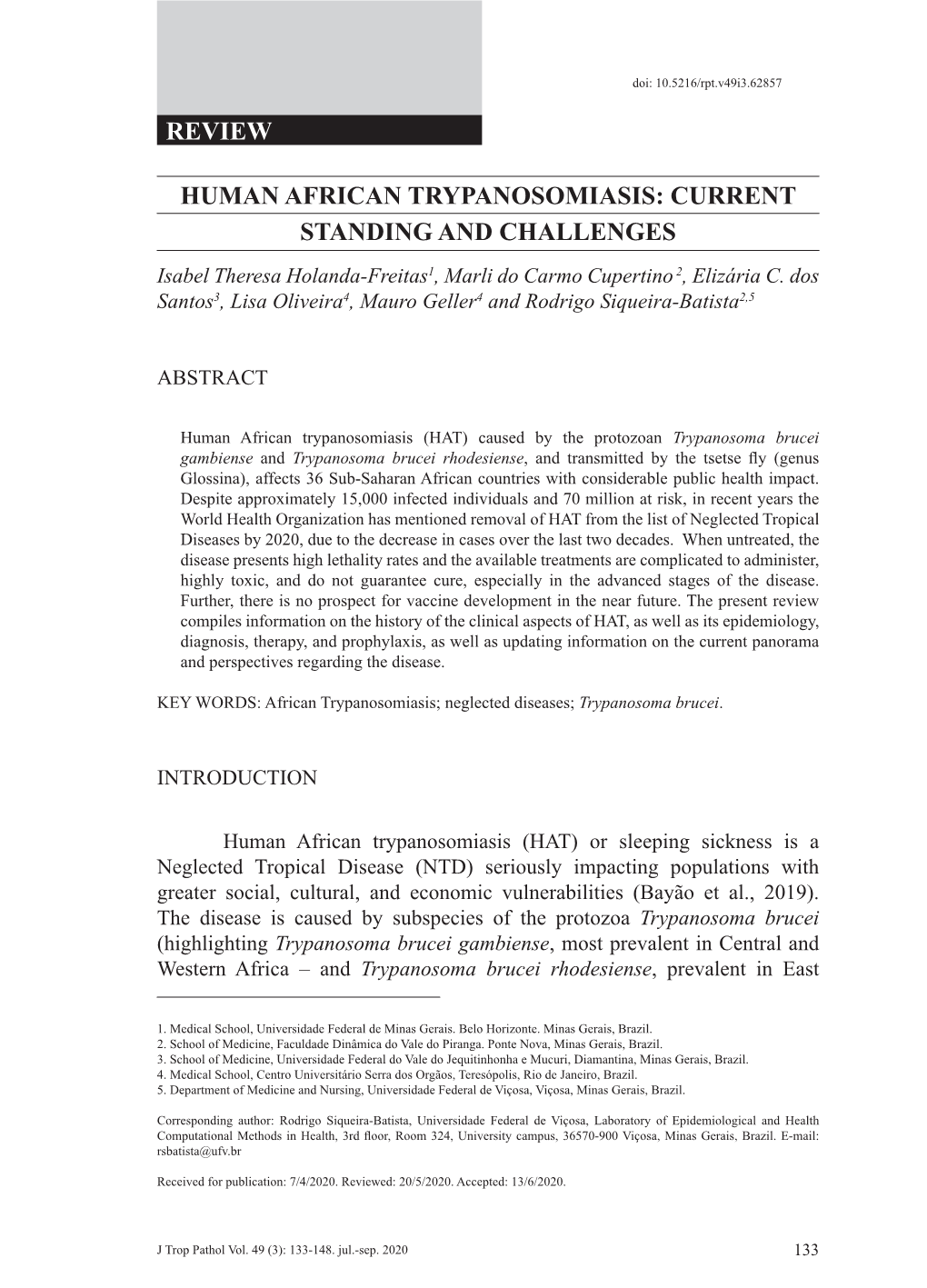 Review Human African Trypanosomiasis: Current