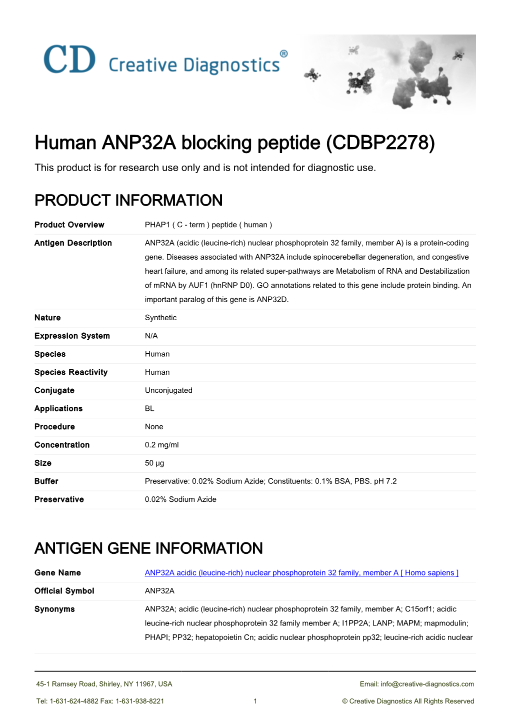 Human ANP32A Blocking Peptide (CDBP2278) This Product Is for Research Use Only and Is Not Intended for Diagnostic Use