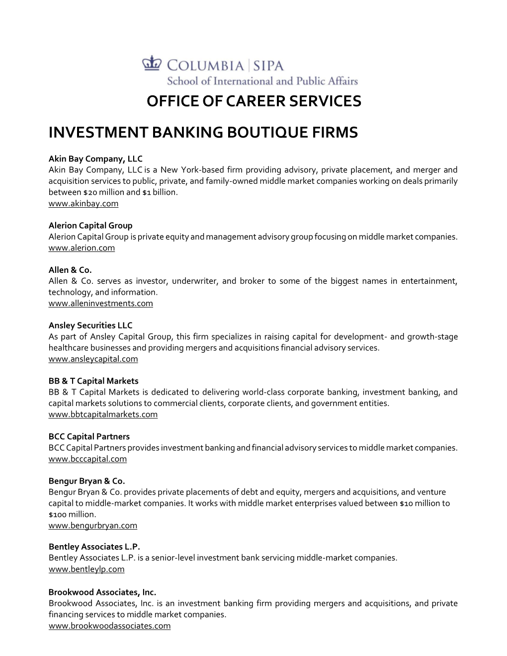 Office of Career Services Investment Banking Boutique Firms