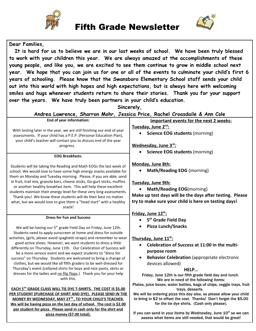 Fifth Grade Newsletter