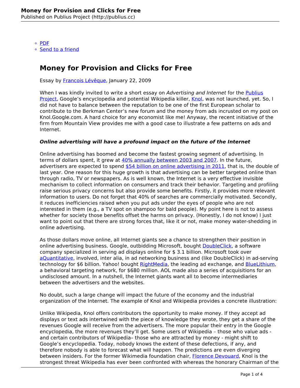 Money for Provision and Clicks for Free Published on Publius Project (