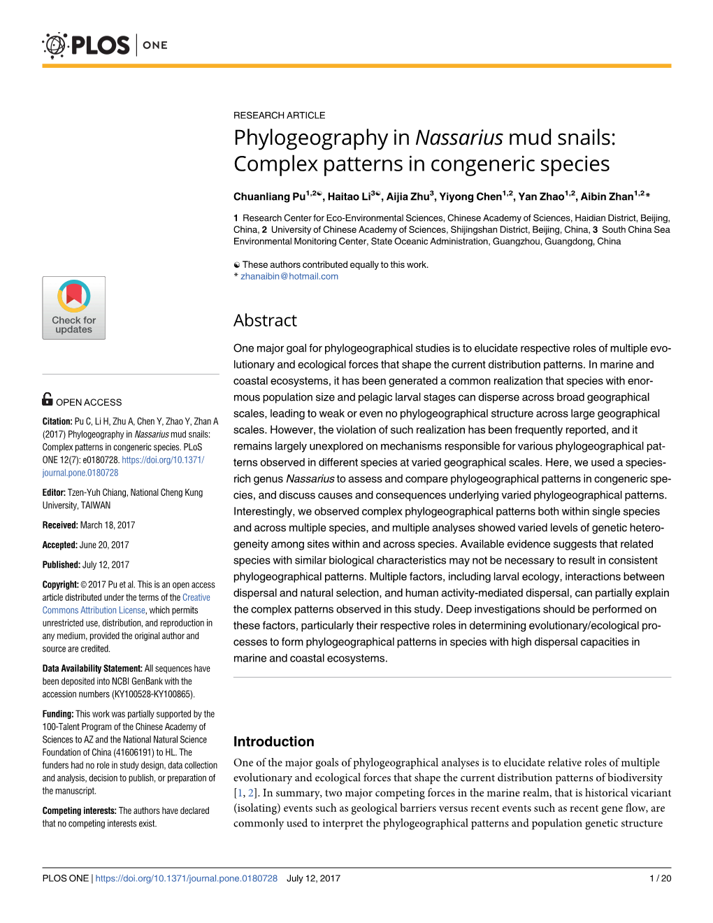 Phylogeography in Nassarius Mud Snails: Complex Patterns in Congeneric Species