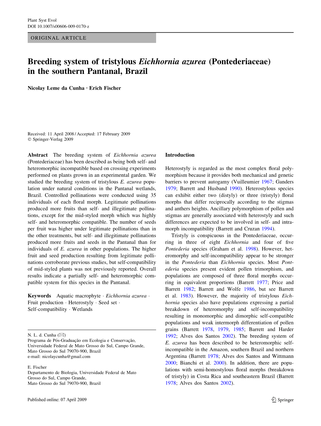 Breeding System of Tristylous Eichhornia Azurea (Pontederiaceae) in the Southern Pantanal, Brazil